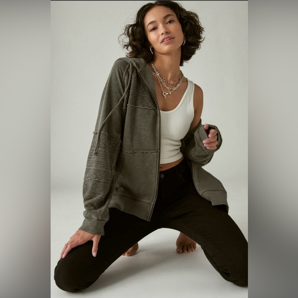 Women’s Lucky Brand Charcoal Cotton Lace Panel Hoodie Zip Up Sweatshirt XXL